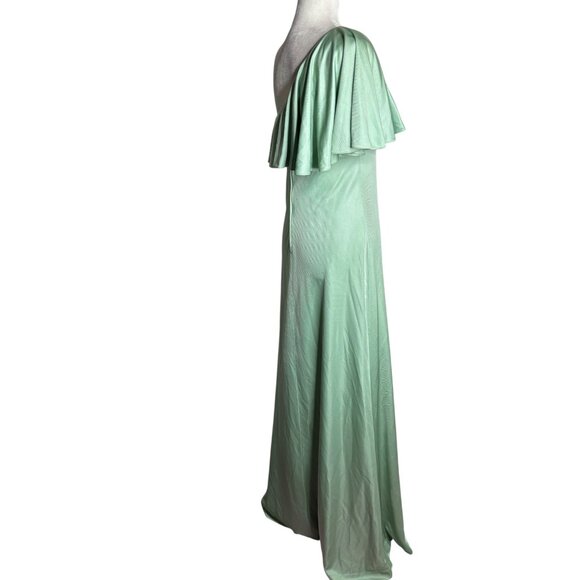 Vintage 70s One Shoulder Mint Green Maxi Dress Small Ruffle Overlay Zipper - Picture 8 of 12